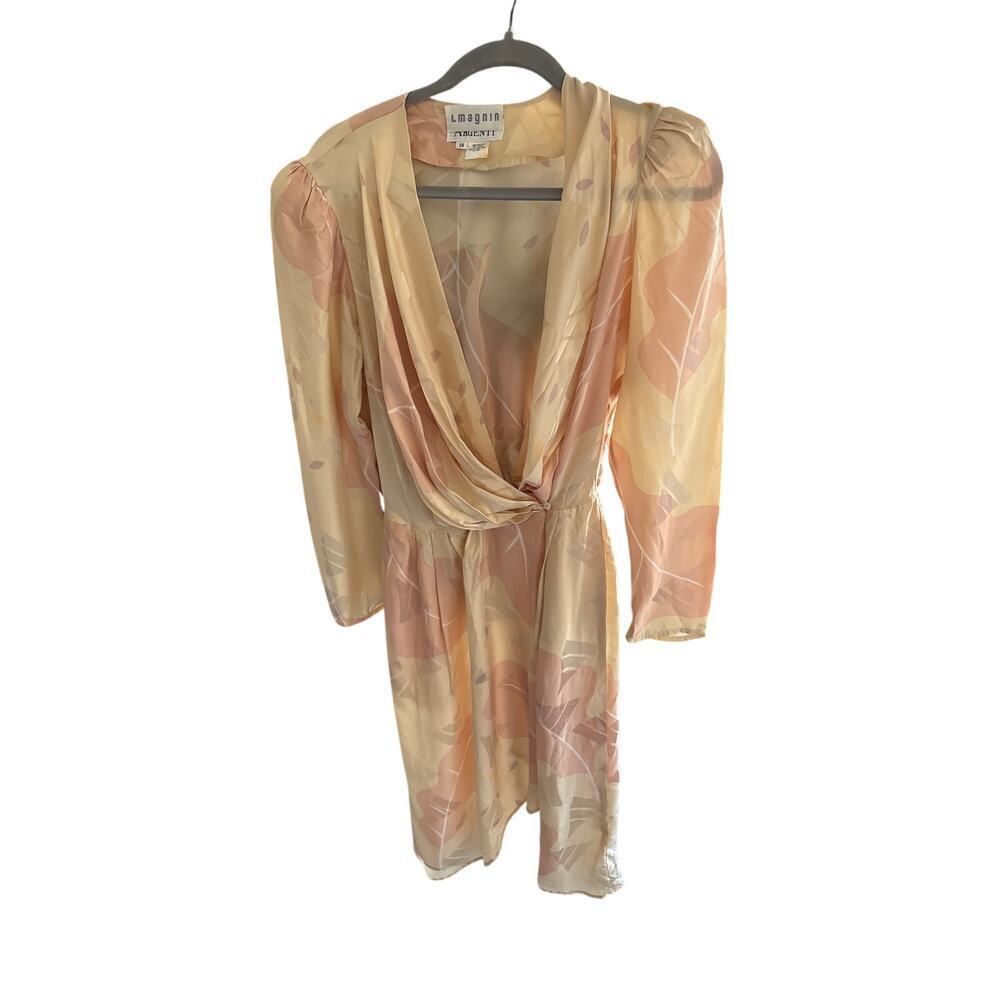 Vintage I. Magnin Argenti Silk Wrap Dress Blush Peach Abstract Print Pockets
